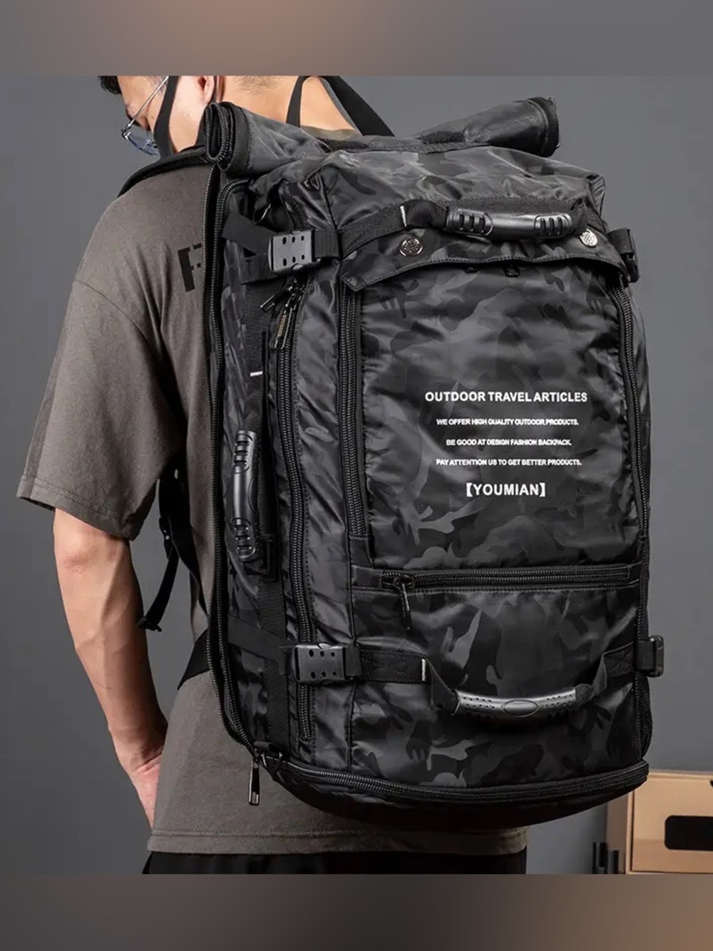 YOUMIAN 65L Black Camouflage Extra Large Roll-Top Travel Backpack Rucking Hiking